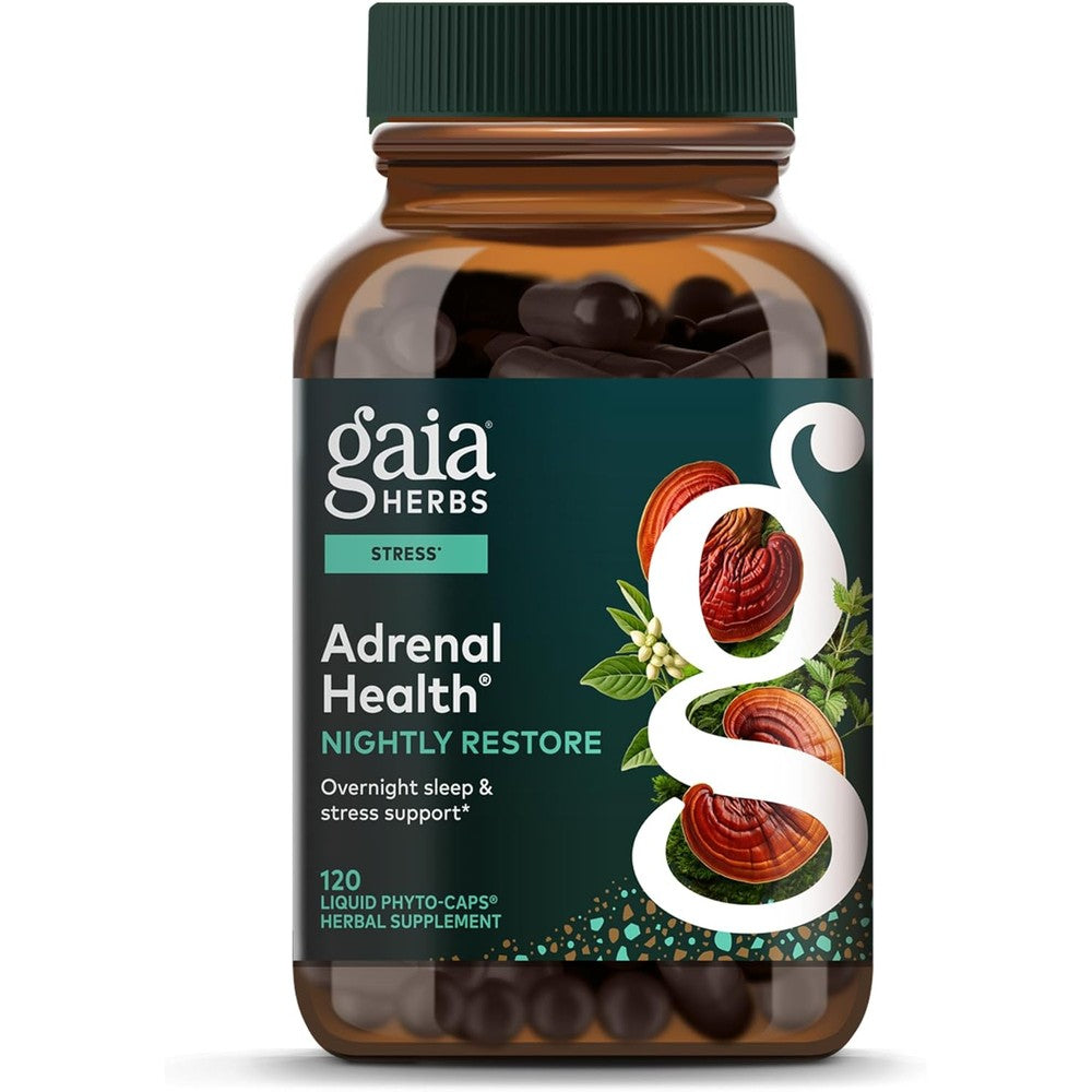 Gaia Herbs Adrenal Health Nightly Restore 120 capsules bottle front view showing premium USA packaging.