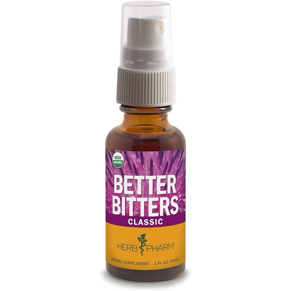 Herb Pharm Better Bitters Classic front view bottle showing certified organic liquid digestive extract