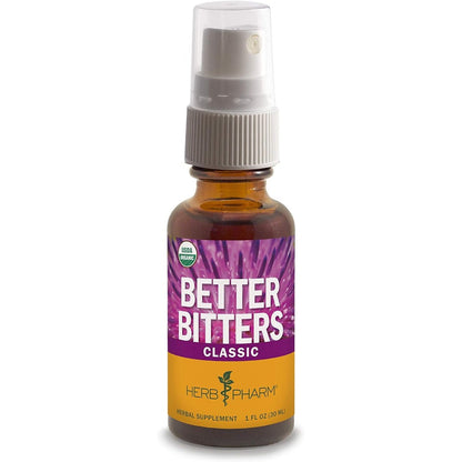 Herb Pharm Better Bitters Classic front view bottle showing certified organic liquid digestive extract