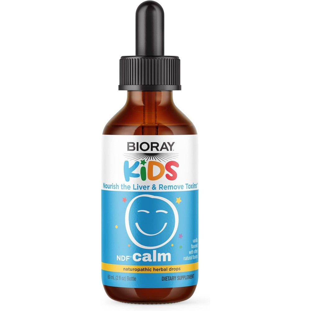 Bioray Kids NDF Calm Liquid 2 Fluid Ounces front label showing vanilla flavor for liver support.