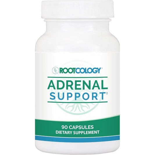 Rootcology Adrenal Support 90 capsules front view showing adaptogenic supplement packaging.
