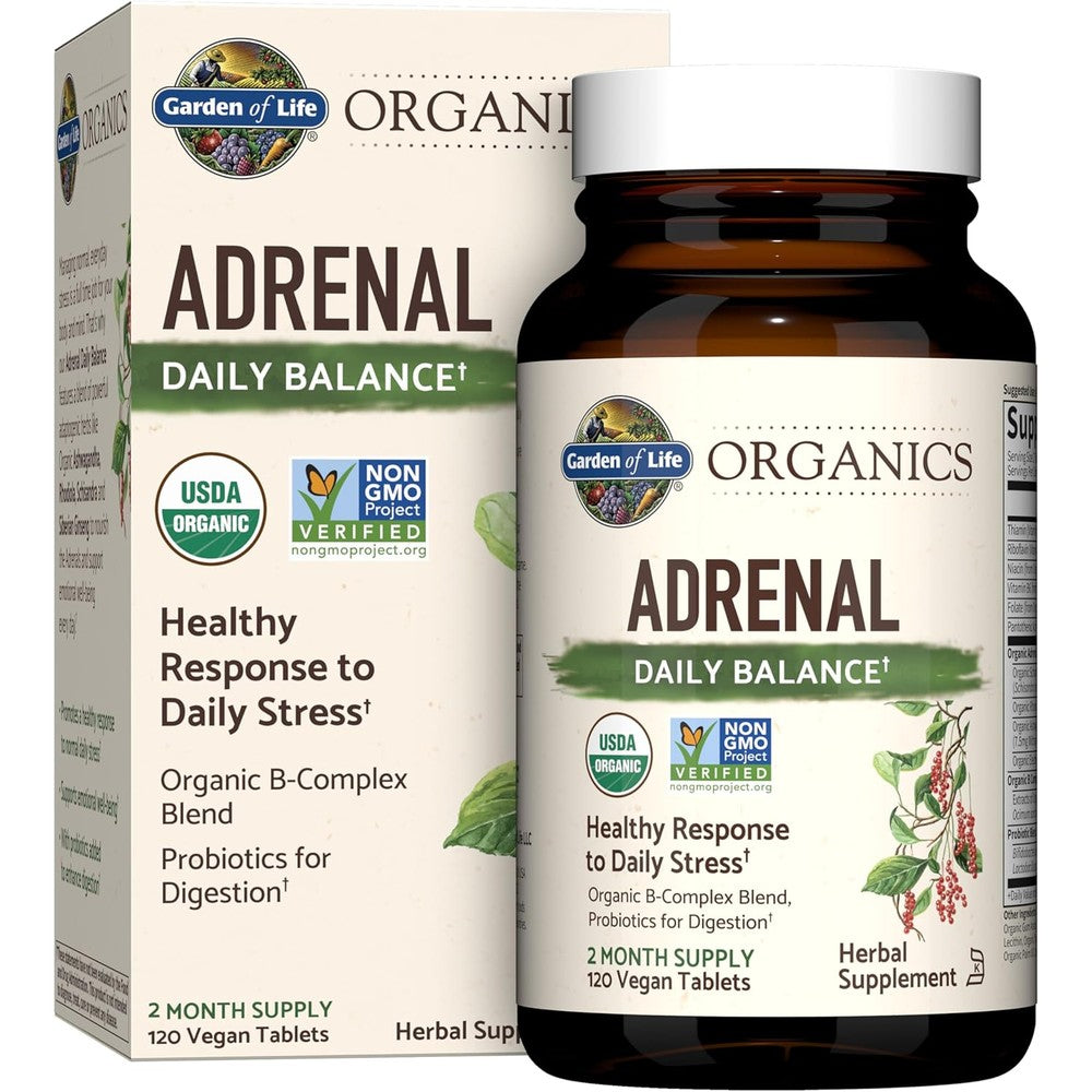 Garden of Life Organics Adrenal Daily Balance 120 tablets bottle front view for daily stress management.