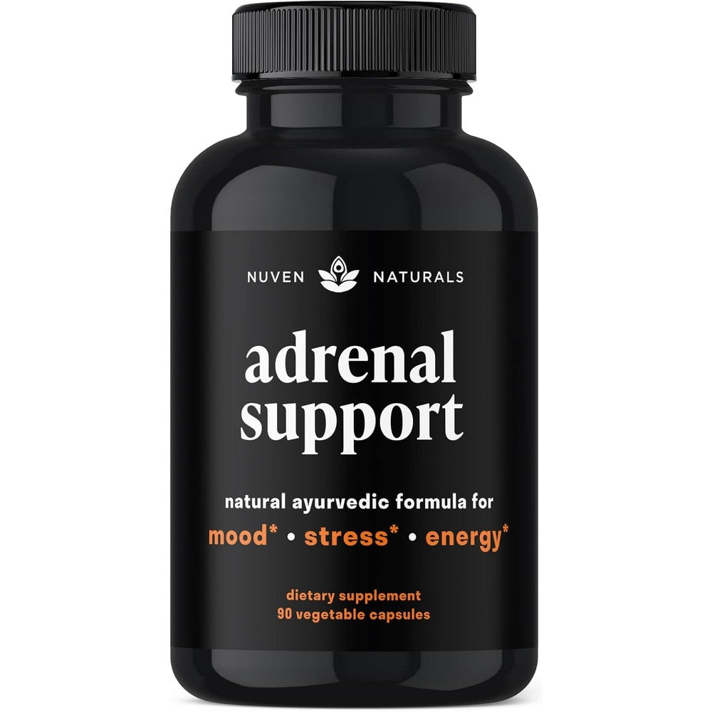 Nuven Naturals Adrenal Support 90 capsules front view bottle for stress relief.