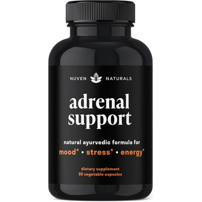 Nuven Naturals Adrenal Support 90 capsules front view bottle for stress relief.
