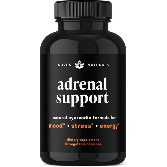 Nuven Naturals Adrenal Support 90 capsules front view bottle for stress relief.