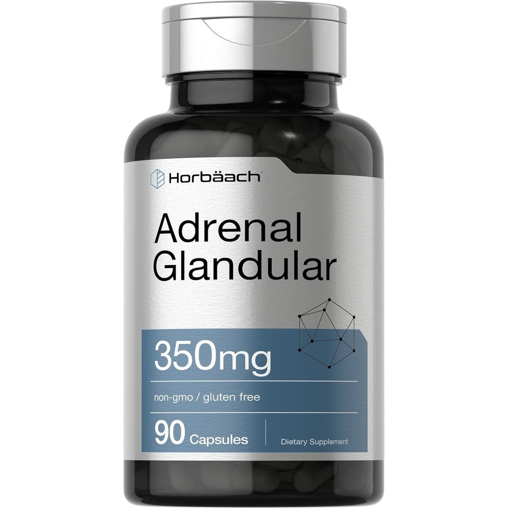 Horbaach Raw Adrenal Glandular 350mg 90 capsules bottle front view