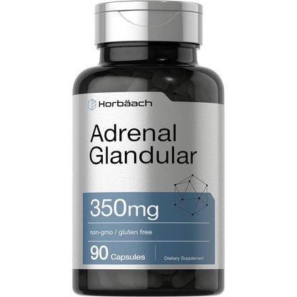 Horbaach Raw Adrenal Glandular 350mg 90 capsules bottle front view