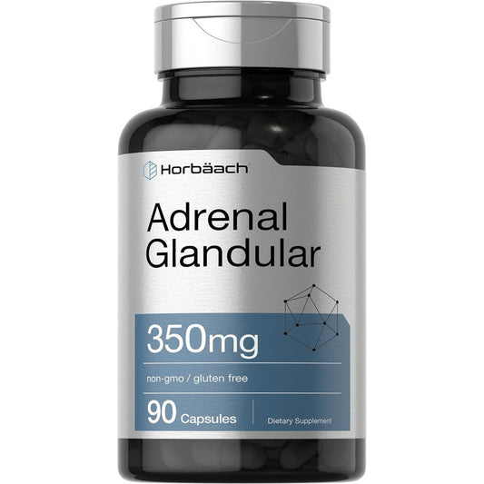 Horbaach Raw Adrenal Glandular 350mg 90 capsules bottle front view