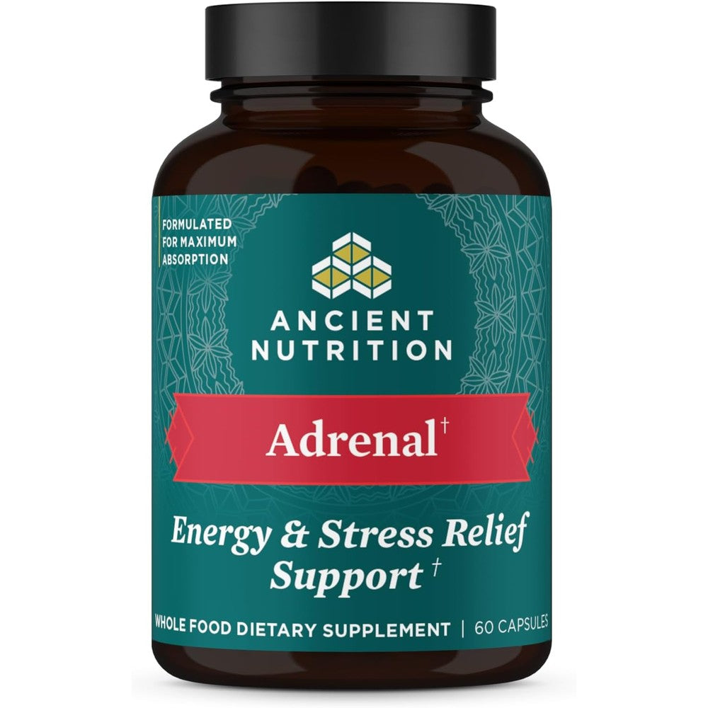 Ancient Nutrition Adrenal Support with Ashwagandha 60 capsules front bottle view for stress relief.