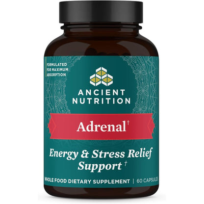 Ancient Nutrition Adrenal Support with Ashwagandha 60 capsules front bottle view for stress relief.