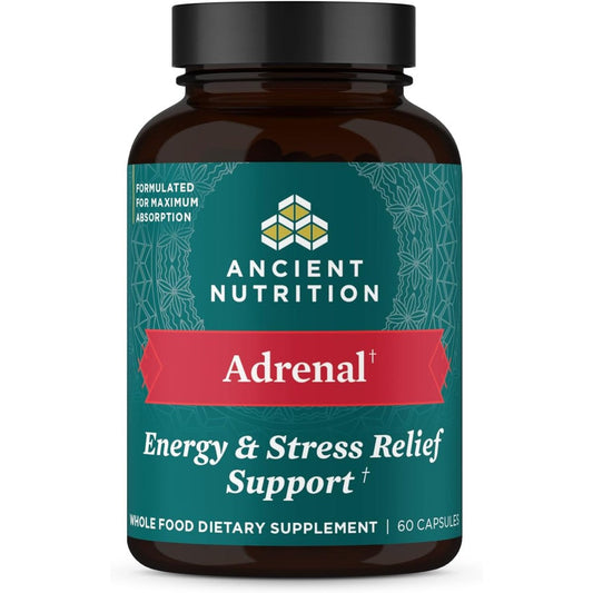 Ancient Nutrition Adrenal Support with Ashwagandha 60 capsules front bottle view for stress relief.