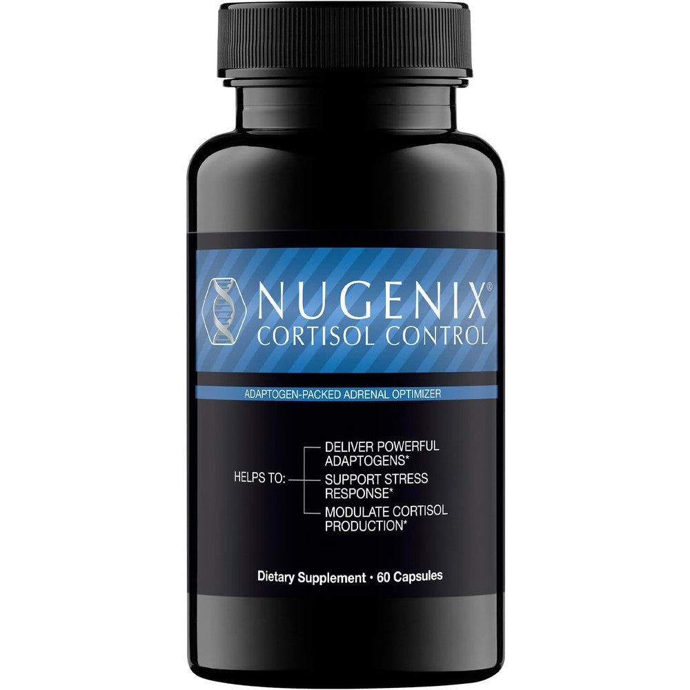 Nugenix Cortisol Control 60 capsules front view bottle on plain background for men's stress relief