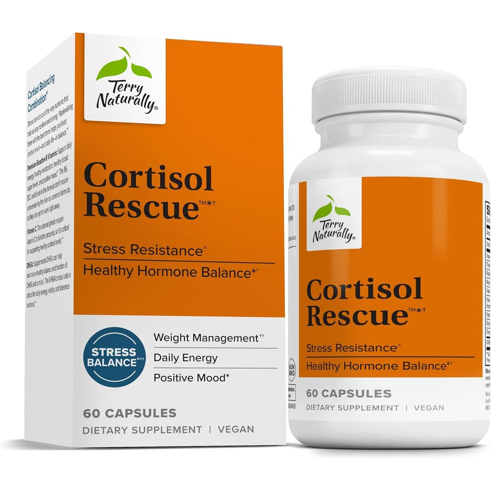 Terry Naturally Cortisol Rescue 60 Capsules front view showing stress and adrenal support packaging