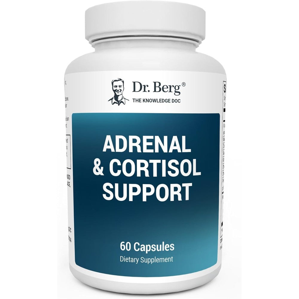 Dr. Berg Nutritionals Adrenal and Cortisol Support supplement bottle front view showcasing authentic stress relief formula.