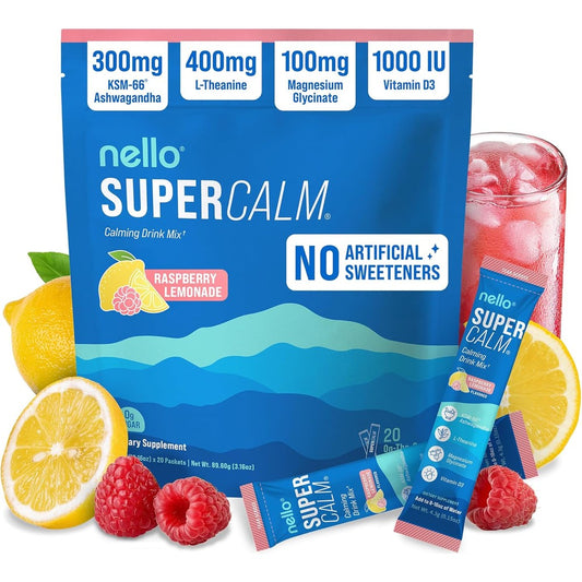 Nello Supercalm Powdered Drink Mix Strawberries and Cream front view package