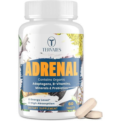 Tervaies Adaptogen Herbal Supplement front view showing the 60 vegan tablets bottle for stress relief.