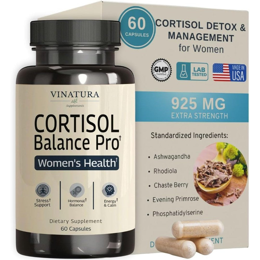 Vinatura Cortisol Support for Women front view bottle of daily stress management vegan capsules
