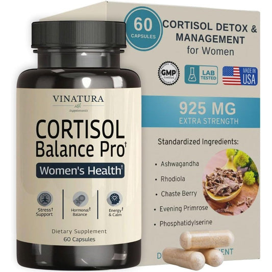 Vinatura Cortisol Support for Women front view bottle of daily stress management vegan capsules