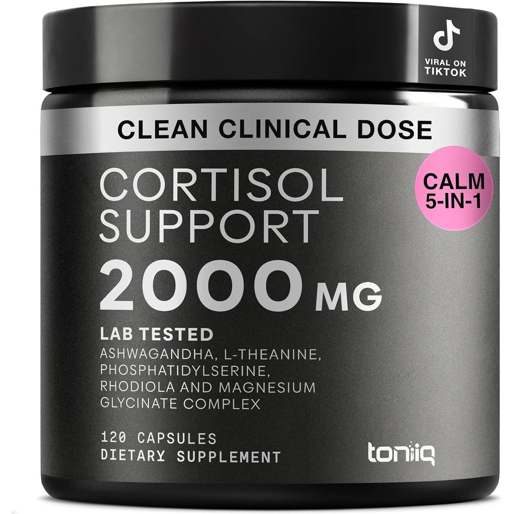 Toniiq Cortisol 5 in 1 Supplement front view bottle for stress relief and calm balance.
