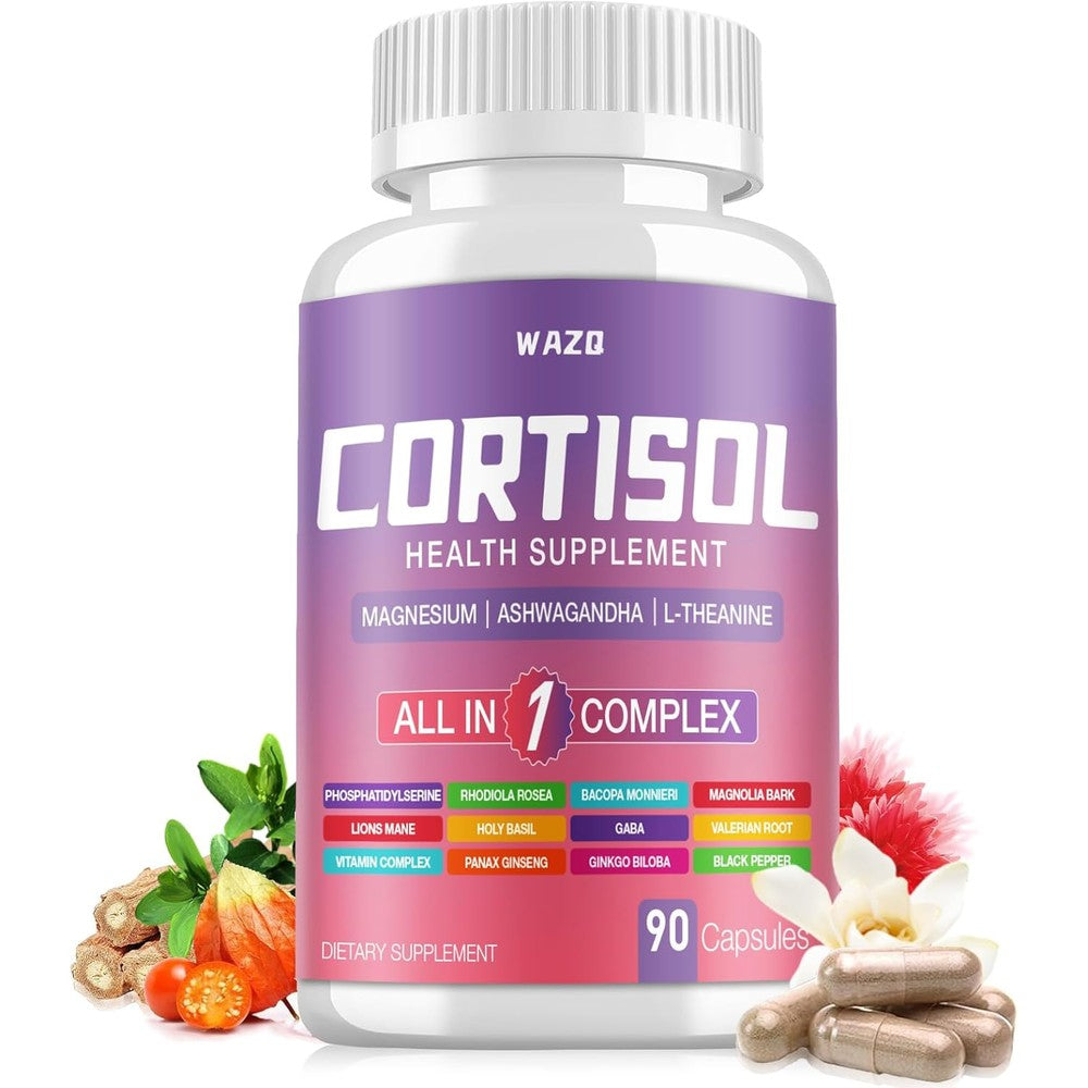 Uniisyunm WAZQ Cortisol Support front view showing purple and white bottle design for stress management.
