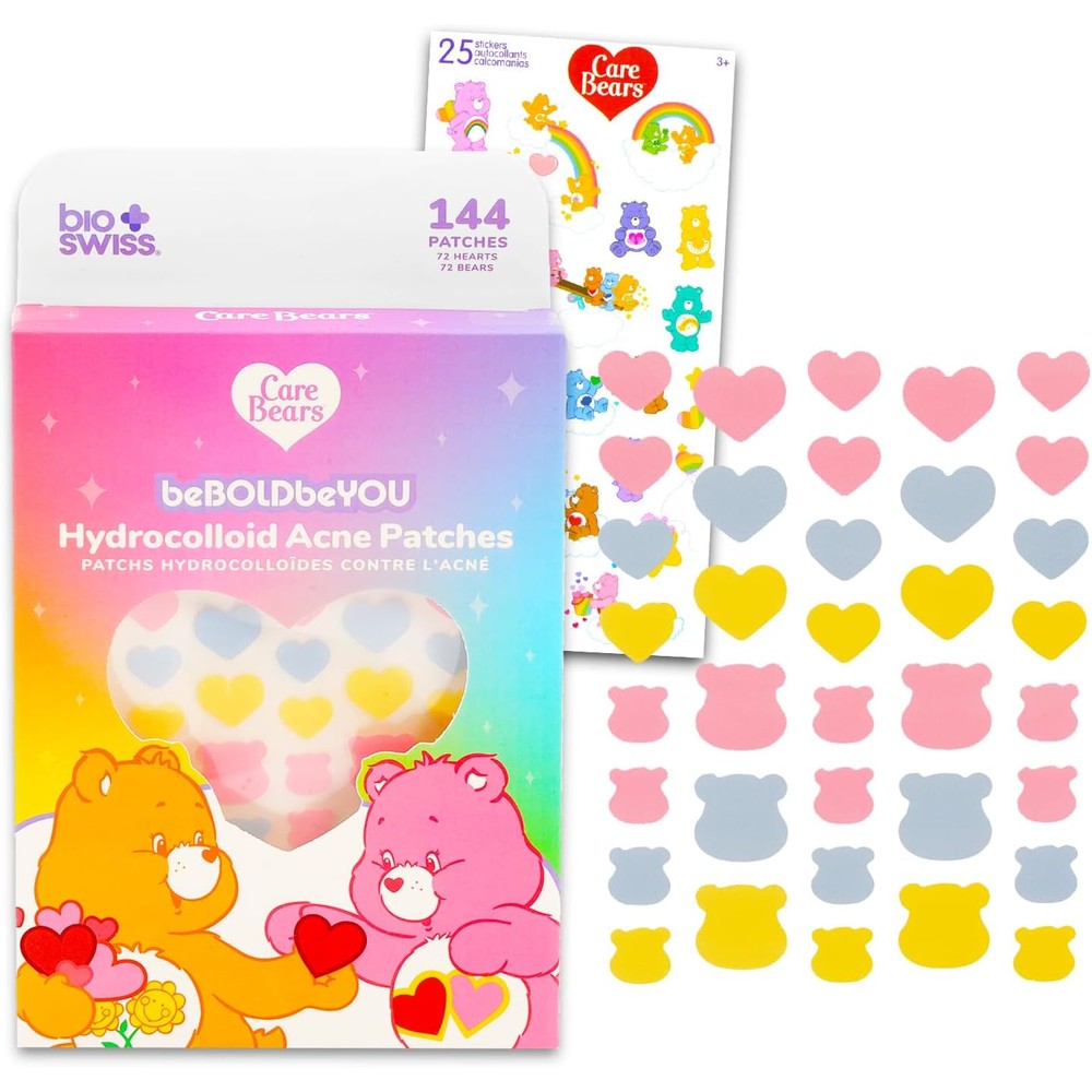 BioSwiss Care Bears Pimple Patch Set 144 count front packaging showing colorful character designs.