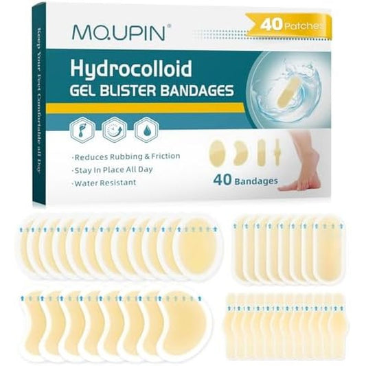 MQUPIN Hydrocolloid Gel Blister Bandages 40 count front view waterproof protection.