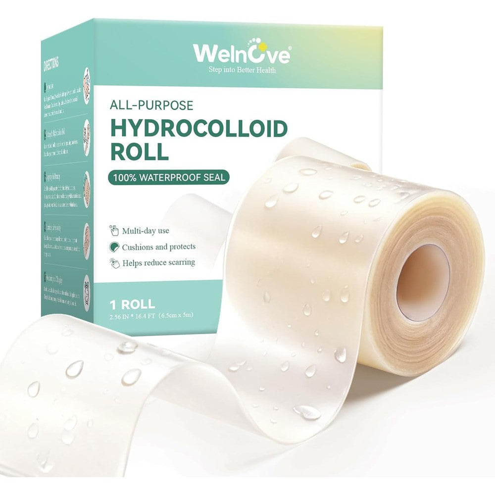 Welnove Hydrocolloid Roll front view showing medical grade packaging and roll width.