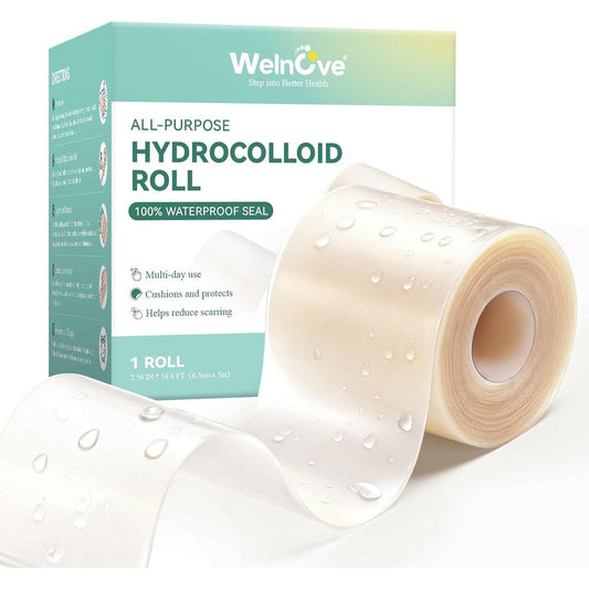 Welnove Hydrocolloid Roll front view showing medical grade packaging and roll width.