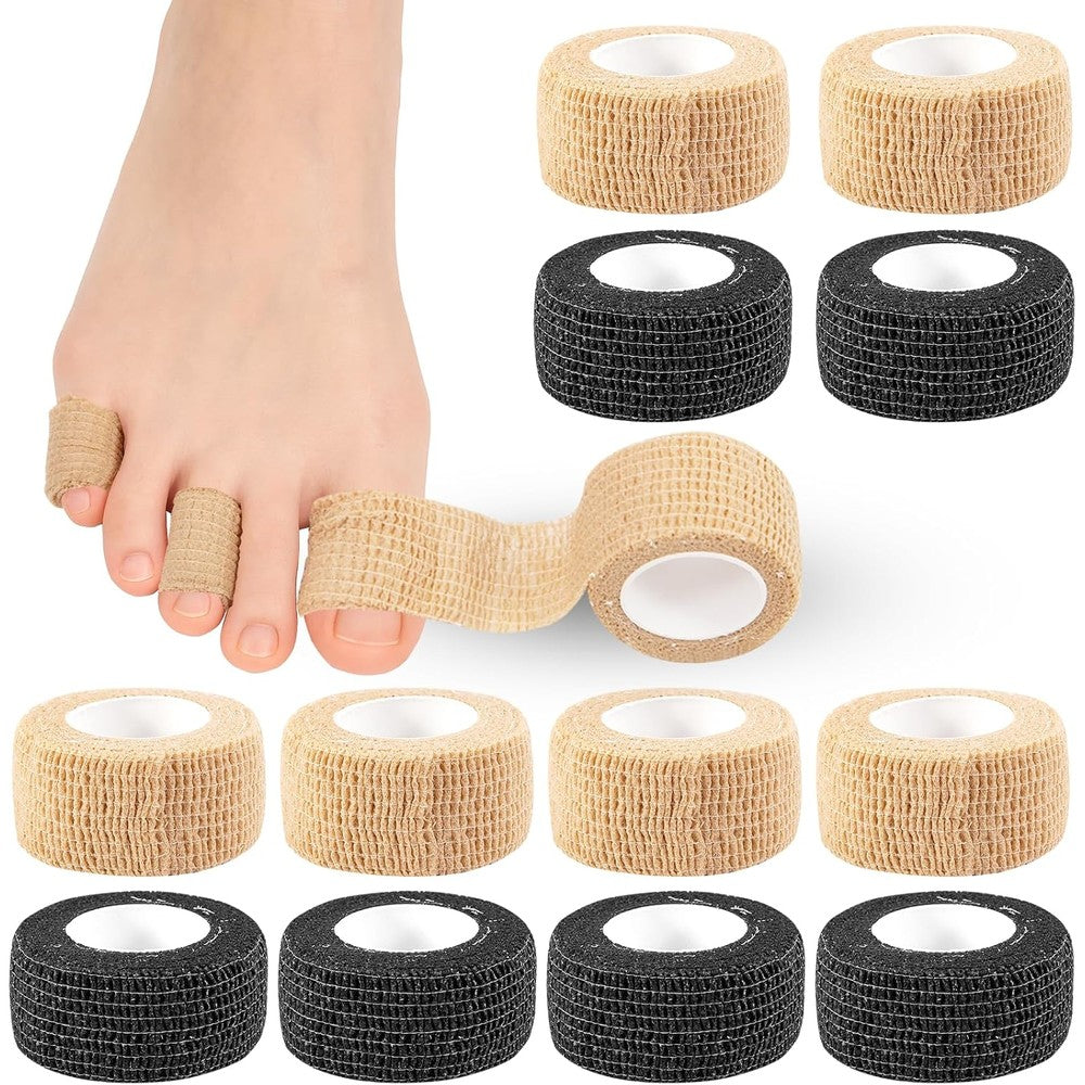 FDFuZhao 12 Piece Big Toe Protector Bandages front view showing skin tone and black rolls.