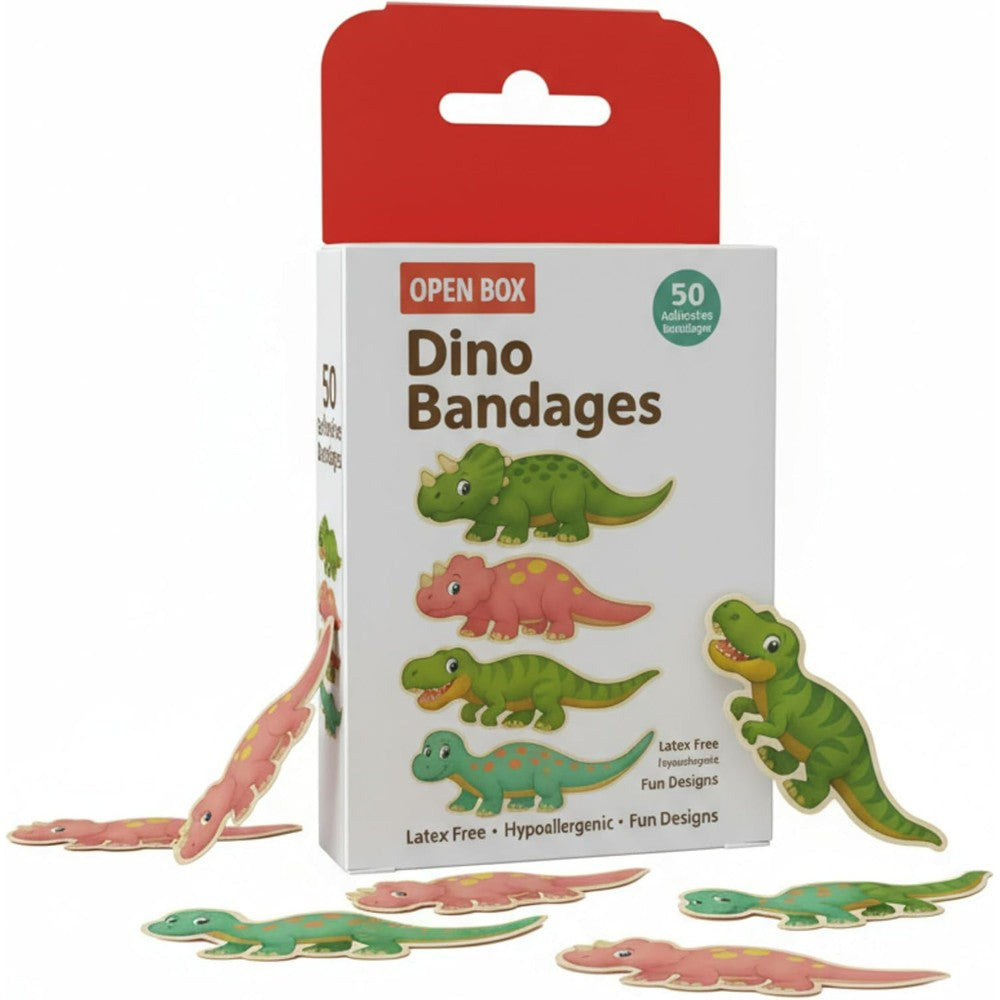 BioSwiss Kids Cute Dino Bandages 50 count box front view
