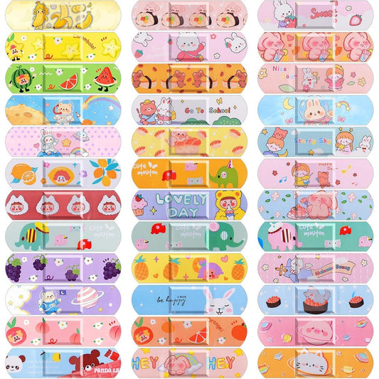 Saranna Kids Bandages 80 count box front view with colorful cartoon patterns.