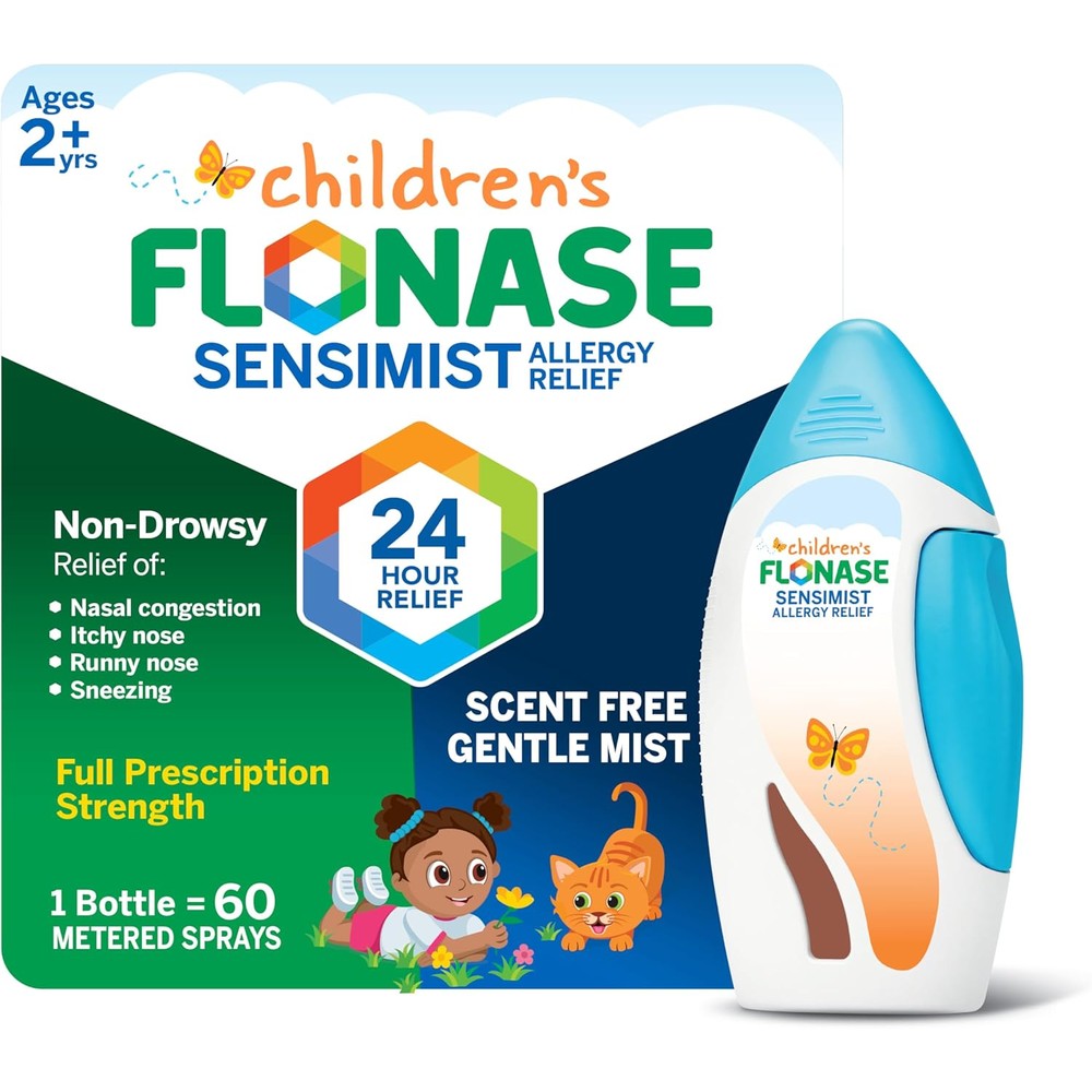 Flonase Children's Sensimist Allergy Relief bottle front view for nasal congestion.