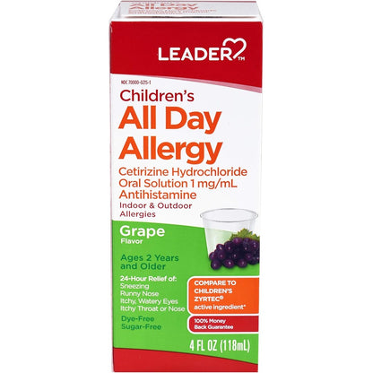 Leader Children's 24 Hour Allergy Relief bottle front view pediatric antihistamine