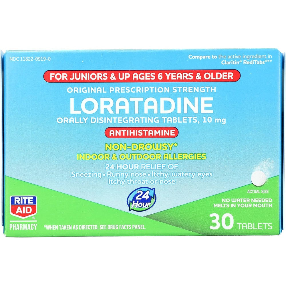 Rite Aid Kid's Non-Drowsy Allergy Relief 30 tablets front view for children's hay fever relief.