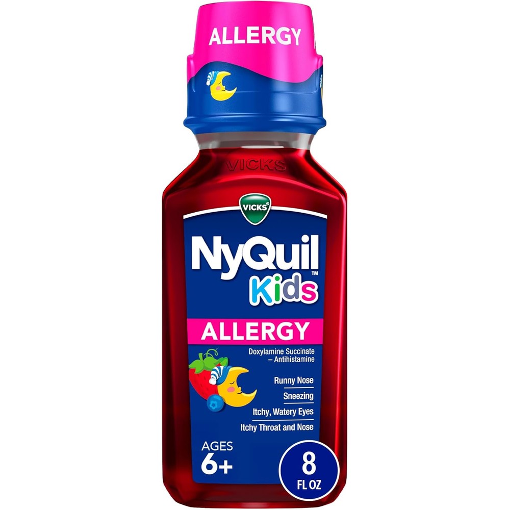 Vicks NyQuil Kids Allergy Liquid front view for nighttime relief