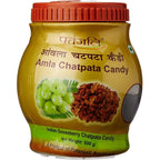 Patanjali Amla Chatpata Candy 500 grams jar front view showing digestive benefits.