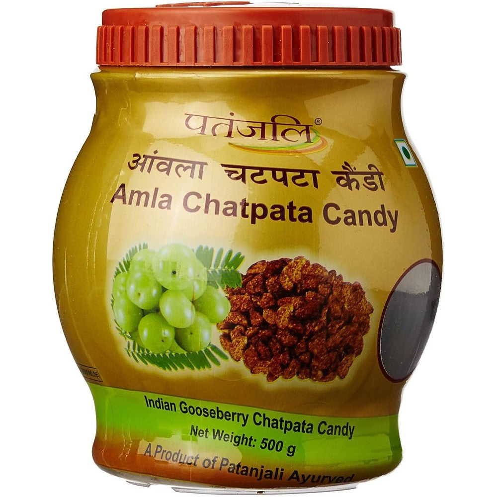 Patanjali Amla Chatpata Candy 500 grams jar front view showing digestive benefits.