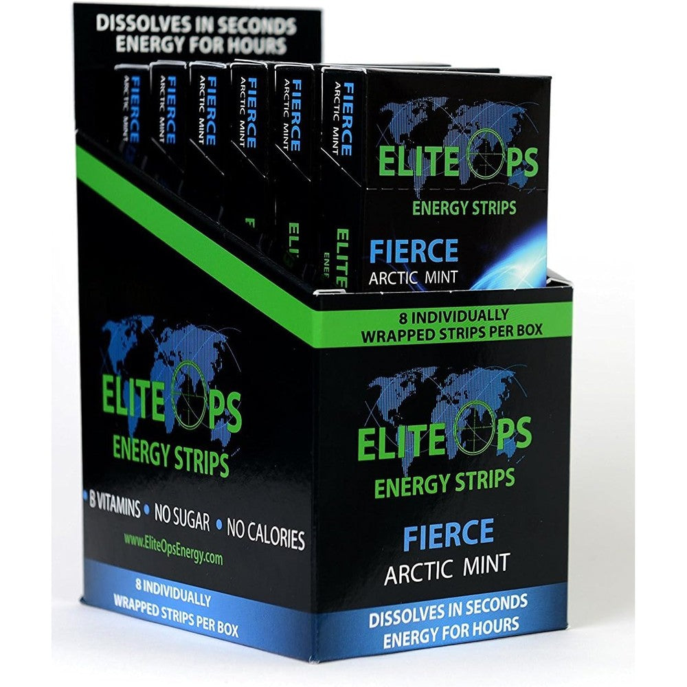Elite Ops Energy Strips Fierce Arctic Mint 48 count box front view caffeine supplement.