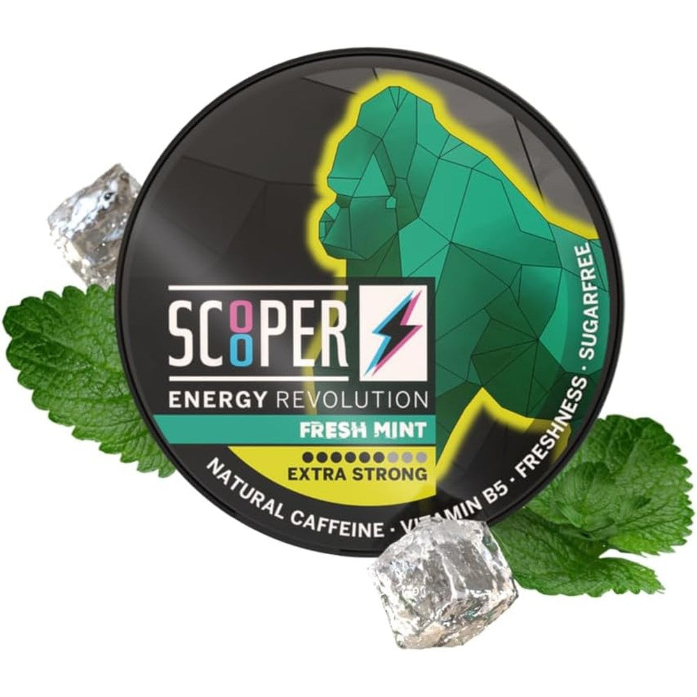 Scooper Energy Fresh Mint Extra Strong tin front view authentic caffeine pouches