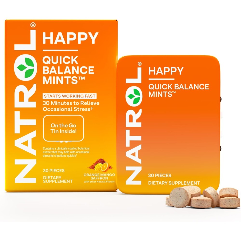 Natrol Quick Balance Happy Mints front view of orange mango saffron tin.