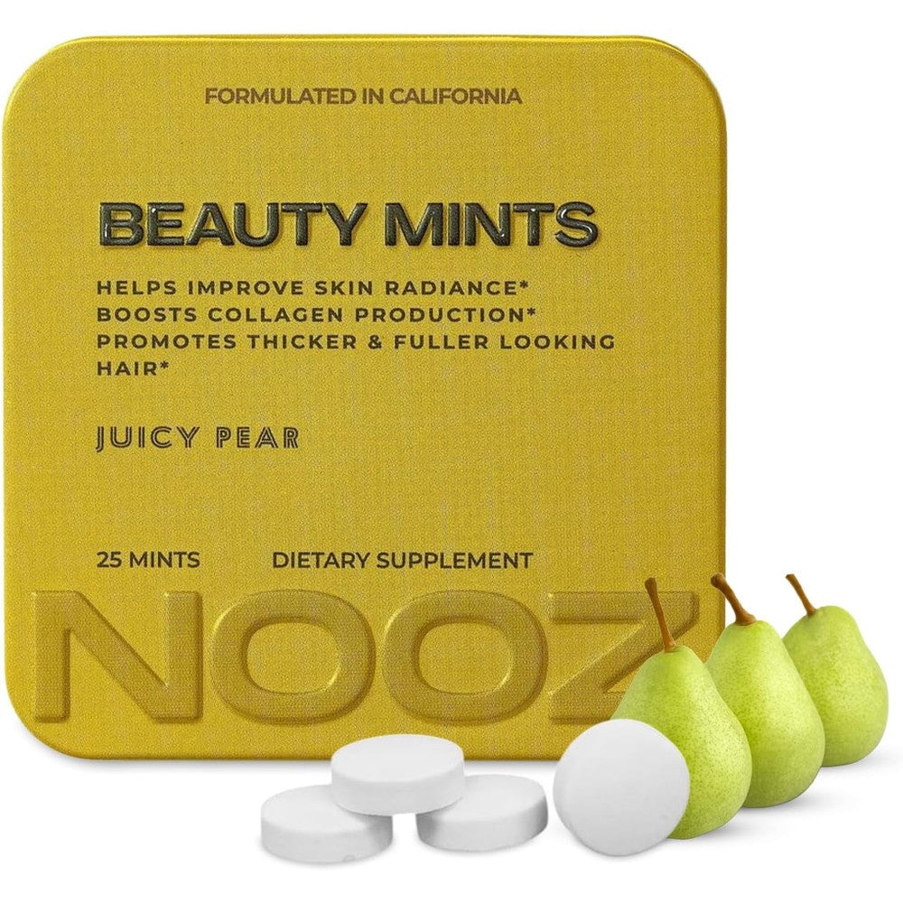 NOOZ Beauty Mints Juicy Pear golden tin front view for hair and skin health.