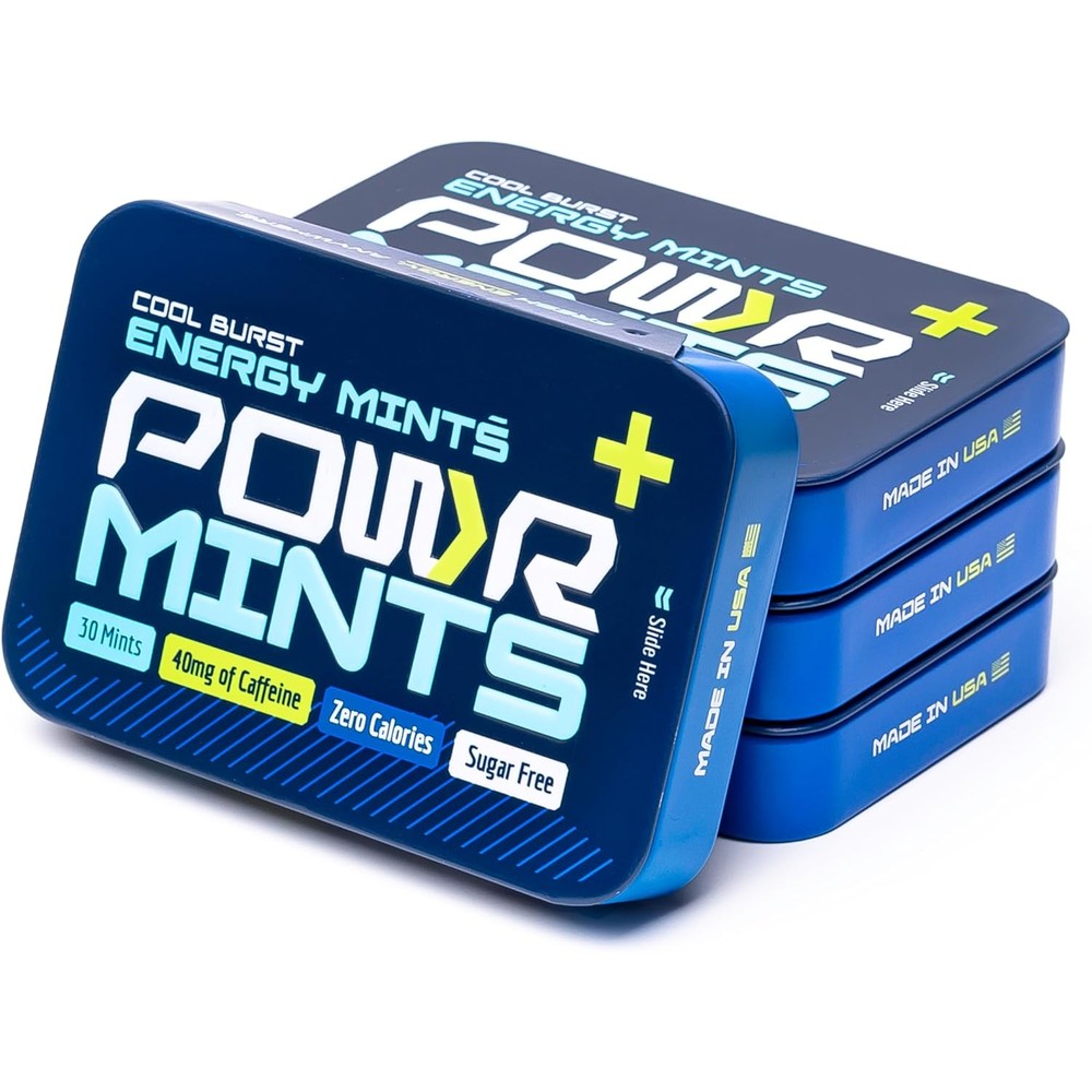 POWR Energy Caffeinated Mints Cool Burst 4 tin bundle front view showing 40mg caffeine label.