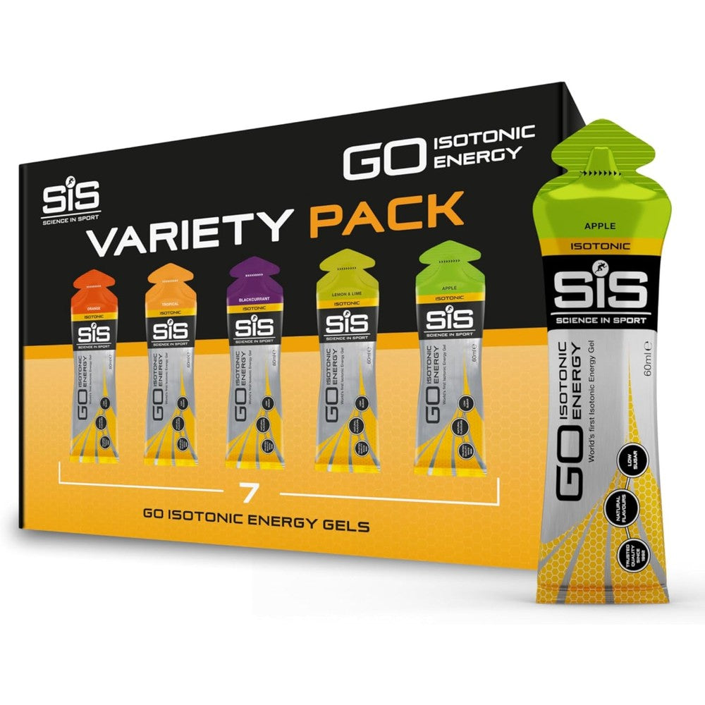 Science In Sport GO isotonic energy gel variety pack front view showing 7 individual 60 milliliter sachets