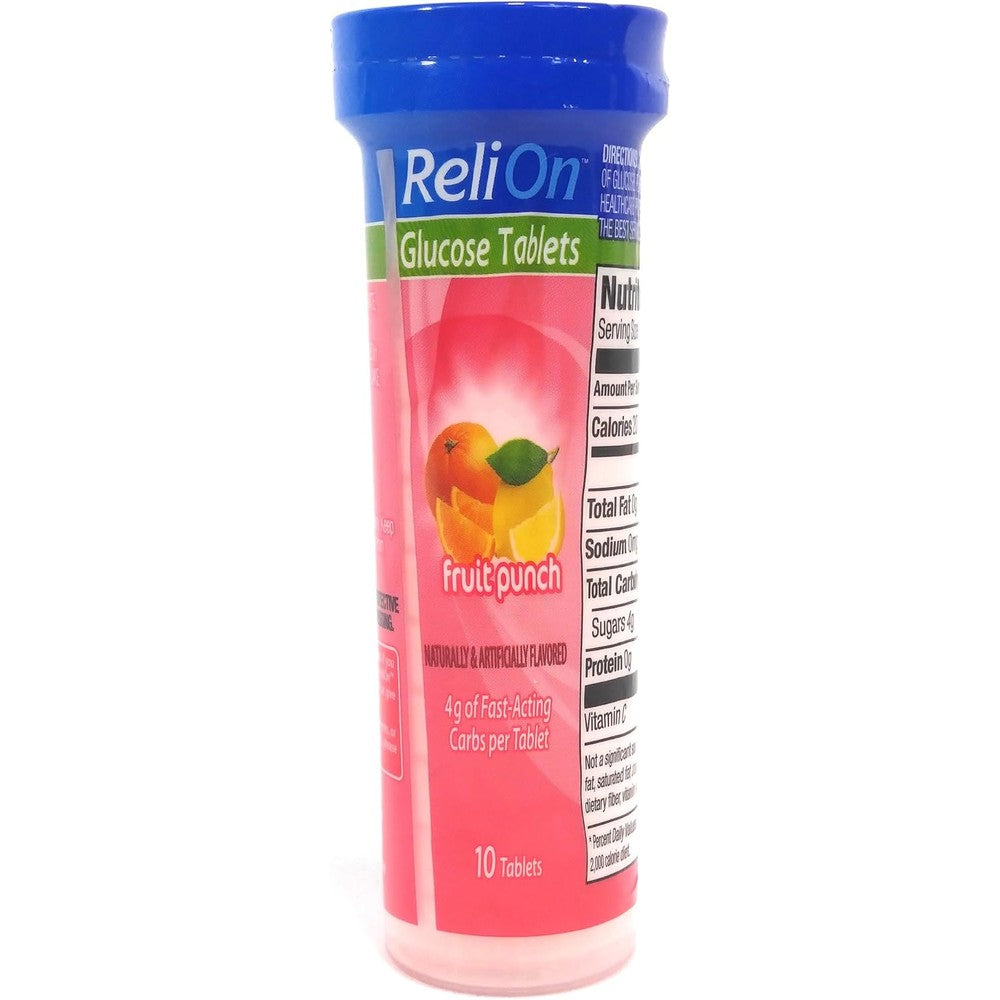 ReliOn Glucose Fruit Punch Tablets 10 count tube front view fast acting carbs