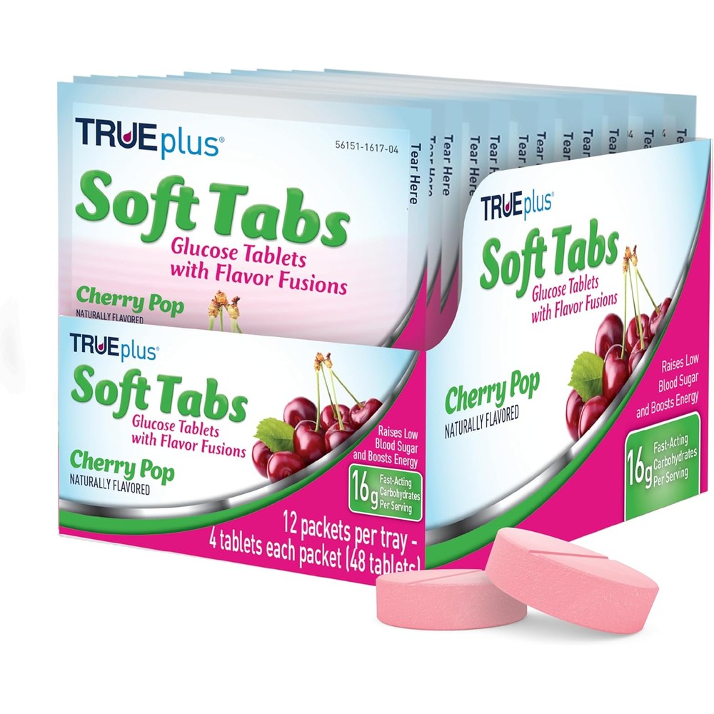 TRUEplus Soft Tabs Glucose Tablets front view for low blood sugar support