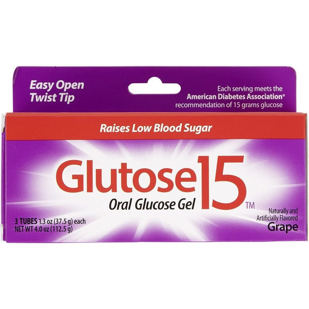 Glutose 15 Oral Glucose Gel Grape Flavor pack of three tubes front view