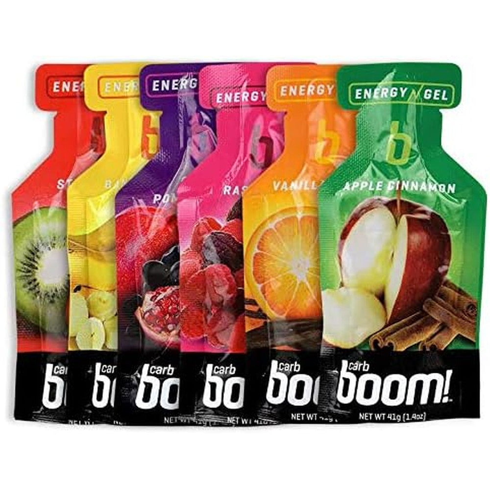 Carb Boom Fruit Flavored Energy Gel Variety 24 Pack front view of box