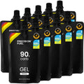 Precision Hydration PF90 Energy Gel front view of 90g carbohydrate pouch for marathon running.