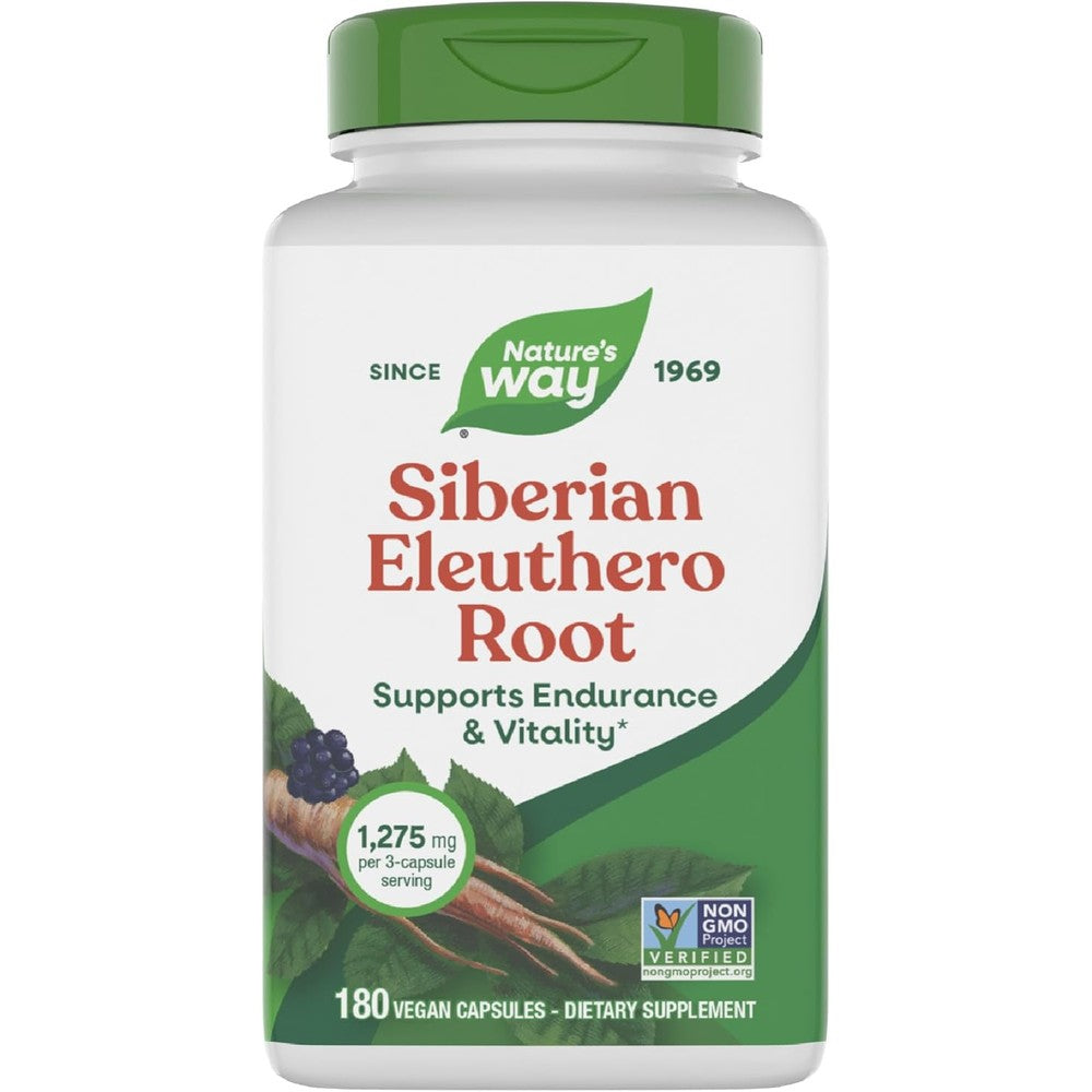 Nature's Way Siberian Eleuthero Root front label showing 180 vegan capsules.