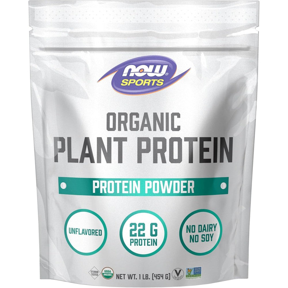 NOW Sports Organic Plant Protein Unflavored 1 Pound front label showing 22g protein.